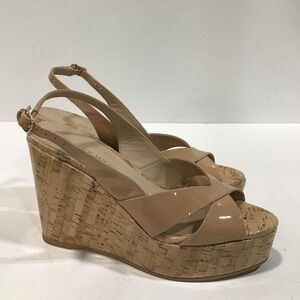 NEW!! Women’s Stuart Weitzman Beige Patent Leather Cork Wedge Sandals Size 8.5B
